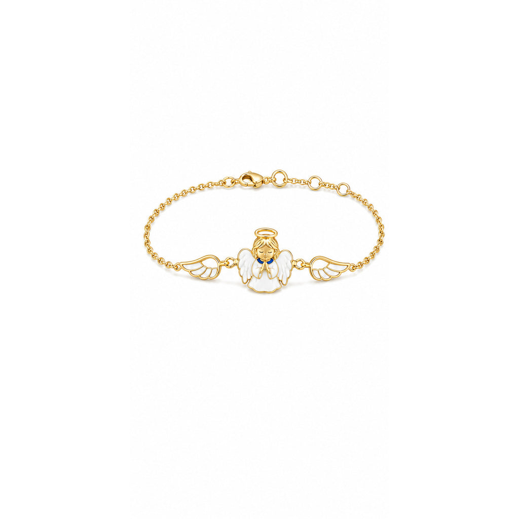 Kids yellow gold guardian angel bracelet with white wings and blue details on a white background