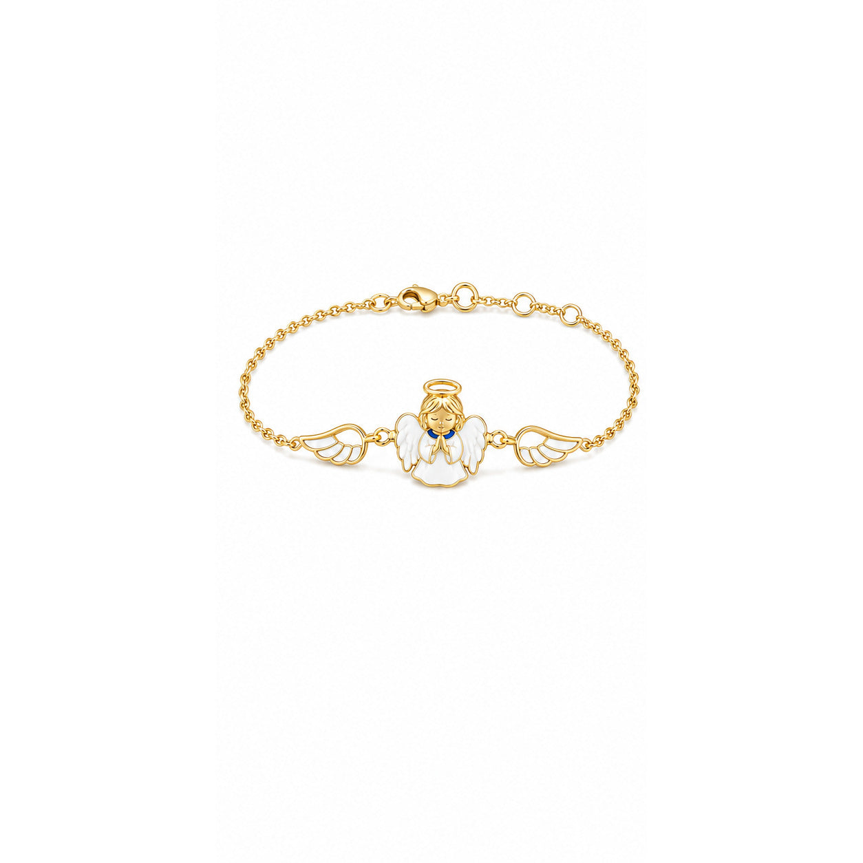 Kids yellow gold guardian angel bracelet with white wings and blue details on a white background