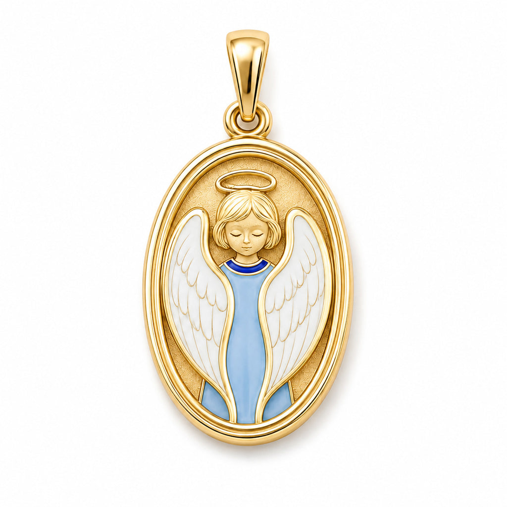 Kids yellow gold guardian angel pendant with white wings and light blue details on a white background