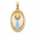 Kids yellow gold guardian angel pendant with white wings and light blue details on a white background