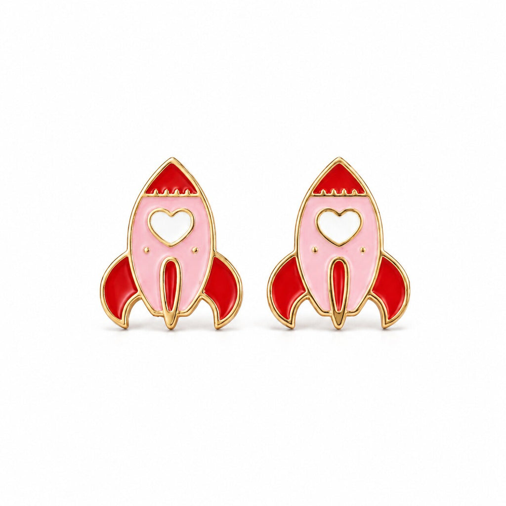 Kids yellow gold pink and red rocket stud earrings with white hearts