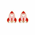 Kids yellow gold pink and red rocket stud earrings with white hearts
