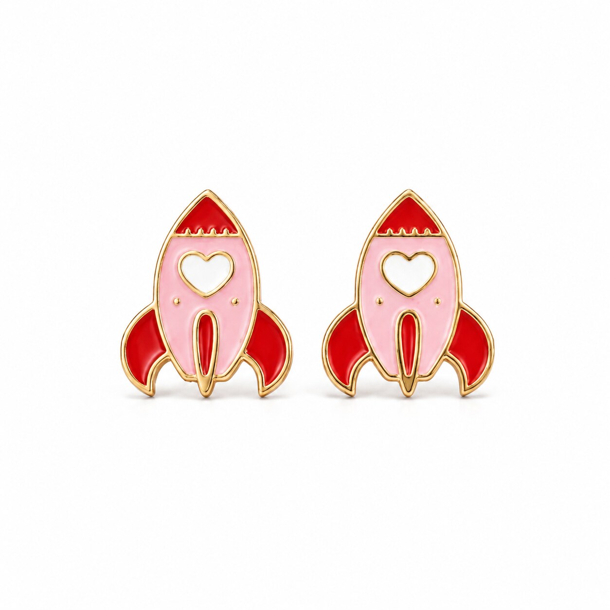 Kids yellow gold pink and red rocket stud earrings with white hearts