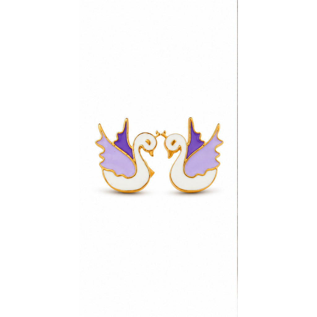 Kids yellow gold swan stud earrings with white and purple details