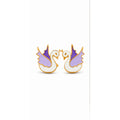 Kids yellow gold swan stud earrings with white and purple details