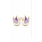 Kids yellow gold swan stud earrings with white and purple details