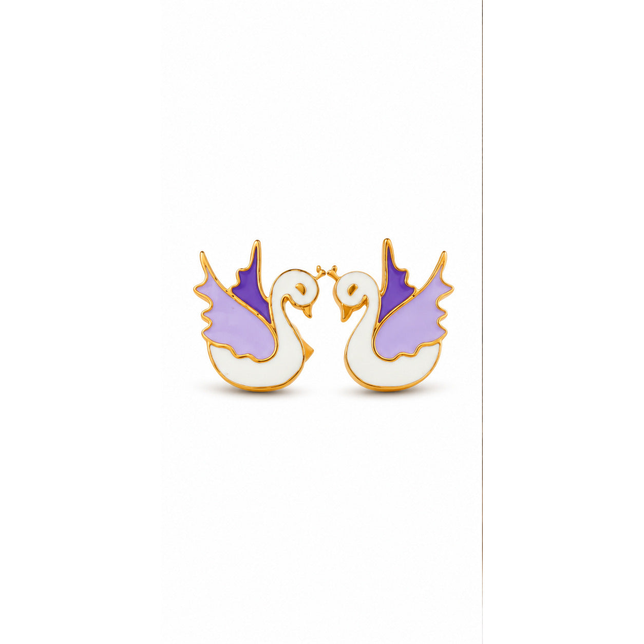 Kids yellow gold swan stud earrings with white and purple details