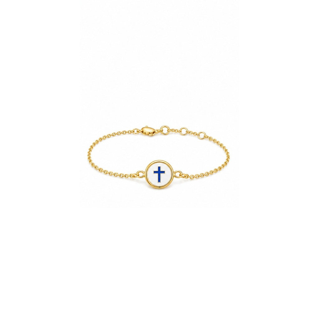 Front view of kids yellow gold reversible bracelet featuring a blue cross