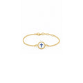 Front view of kids yellow gold reversible bracelet featuring a blue cross