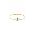 Front view of kids yellow gold reversible bracelet featuring a blue cross