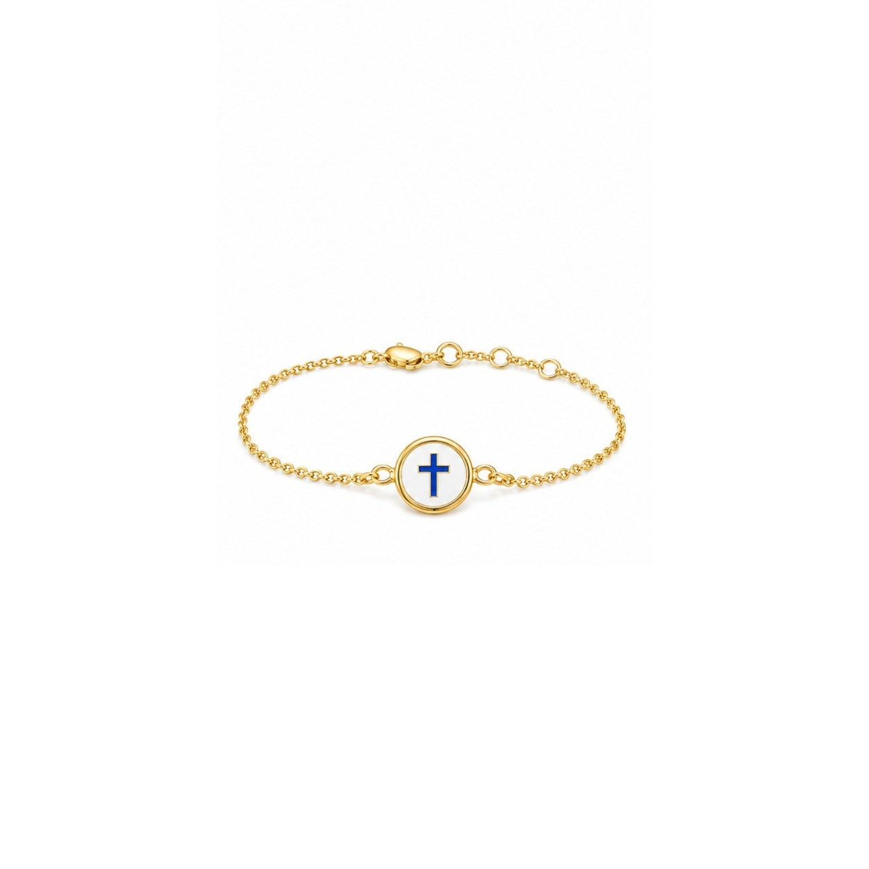 Front view of kids yellow gold reversible bracelet featuring a blue cross