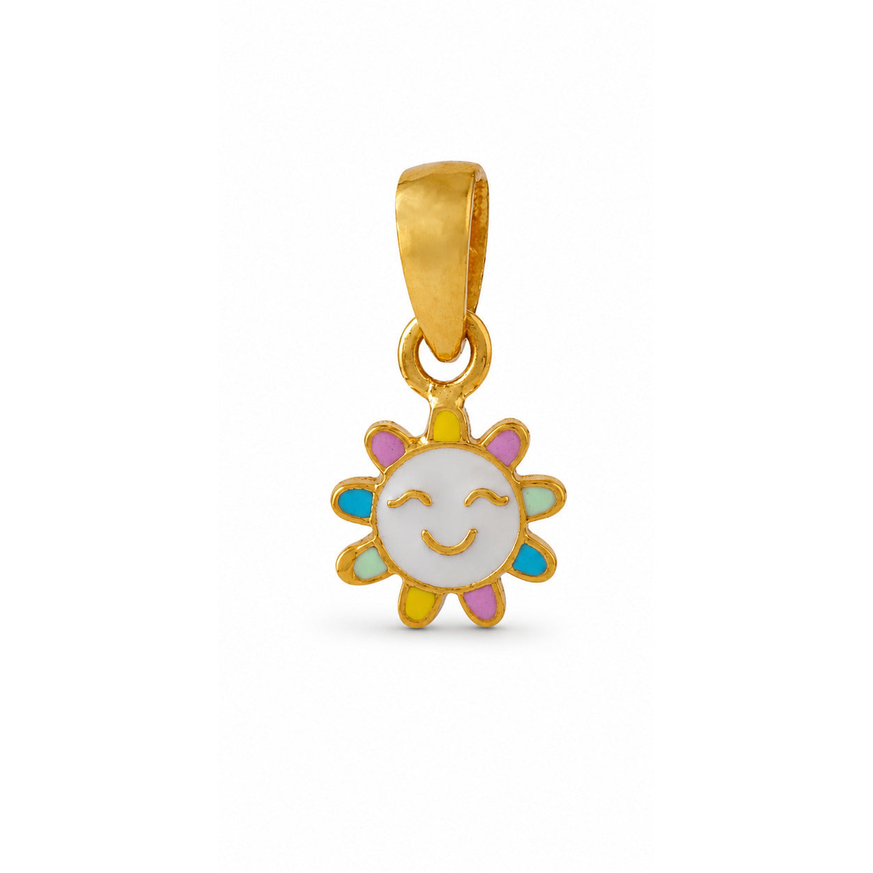 Kids yellow gold smiling sun pendant with multicolor details