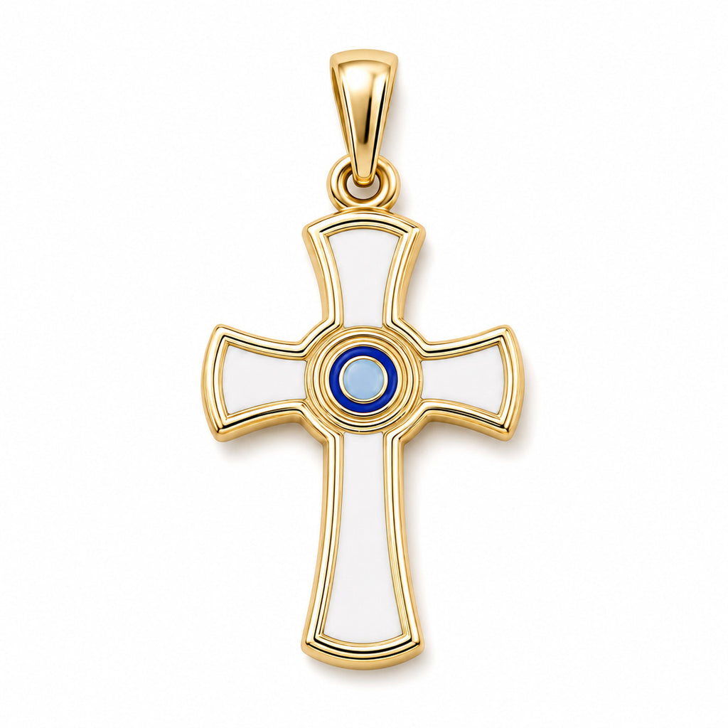 Kids yellow gold cross pendant with white details and a layered blue center on a white background