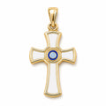 Kids yellow gold cross pendant with white details and a layered blue center on a white background