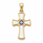 Kids yellow gold cross pendant with white details and a layered blue center on a white background