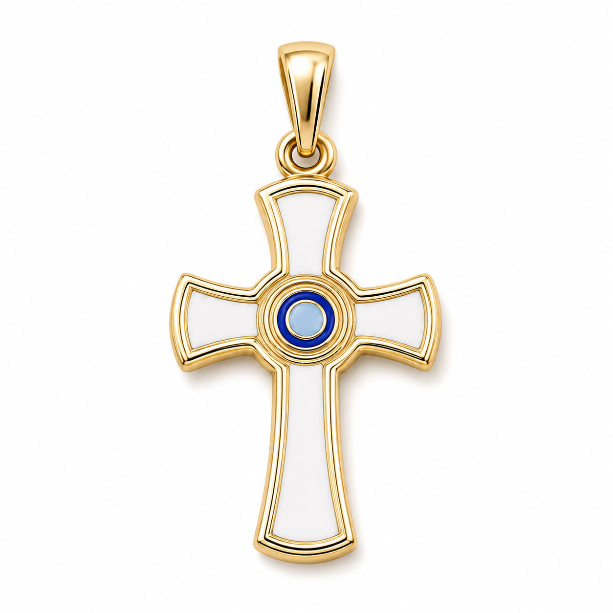 Kids yellow gold cross pendant with white details and a layered blue center on a white background
