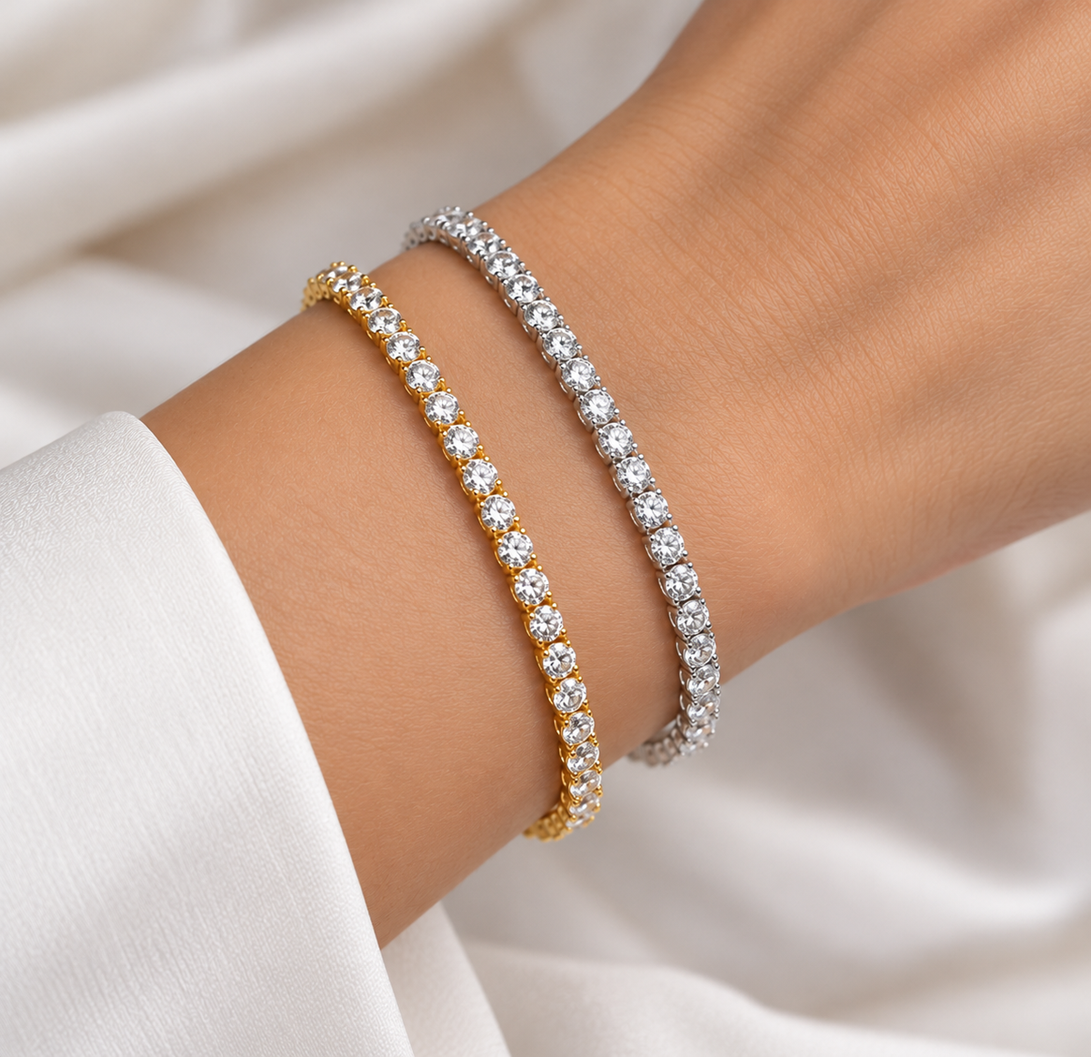 Two 5.966 CTW Round Lab-Grown Diamond Tennis Bracelets in Yellow and White Gold Worn Together on a Woman’s Wrist – La Noosha Jewelry