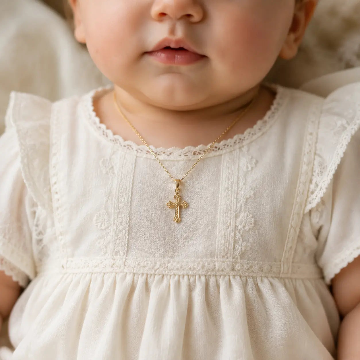 A close-up of a baby wearing a delicate gold cross pendant necklace over a cream-colored lace dress.
