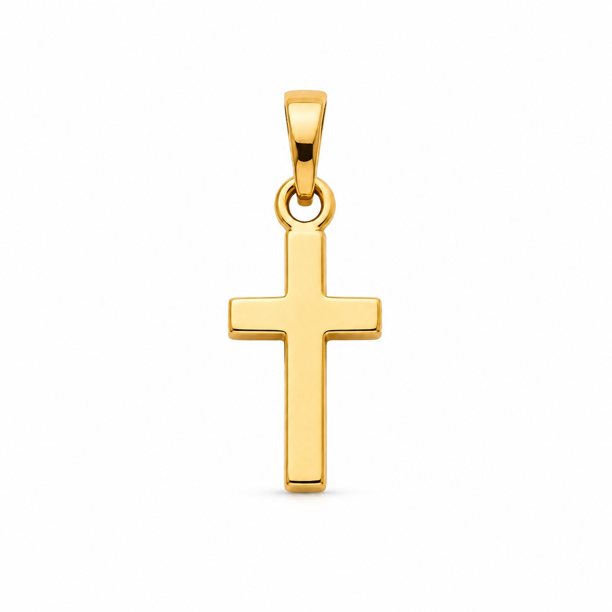 14K yellow gold plain cross pendant on a white background