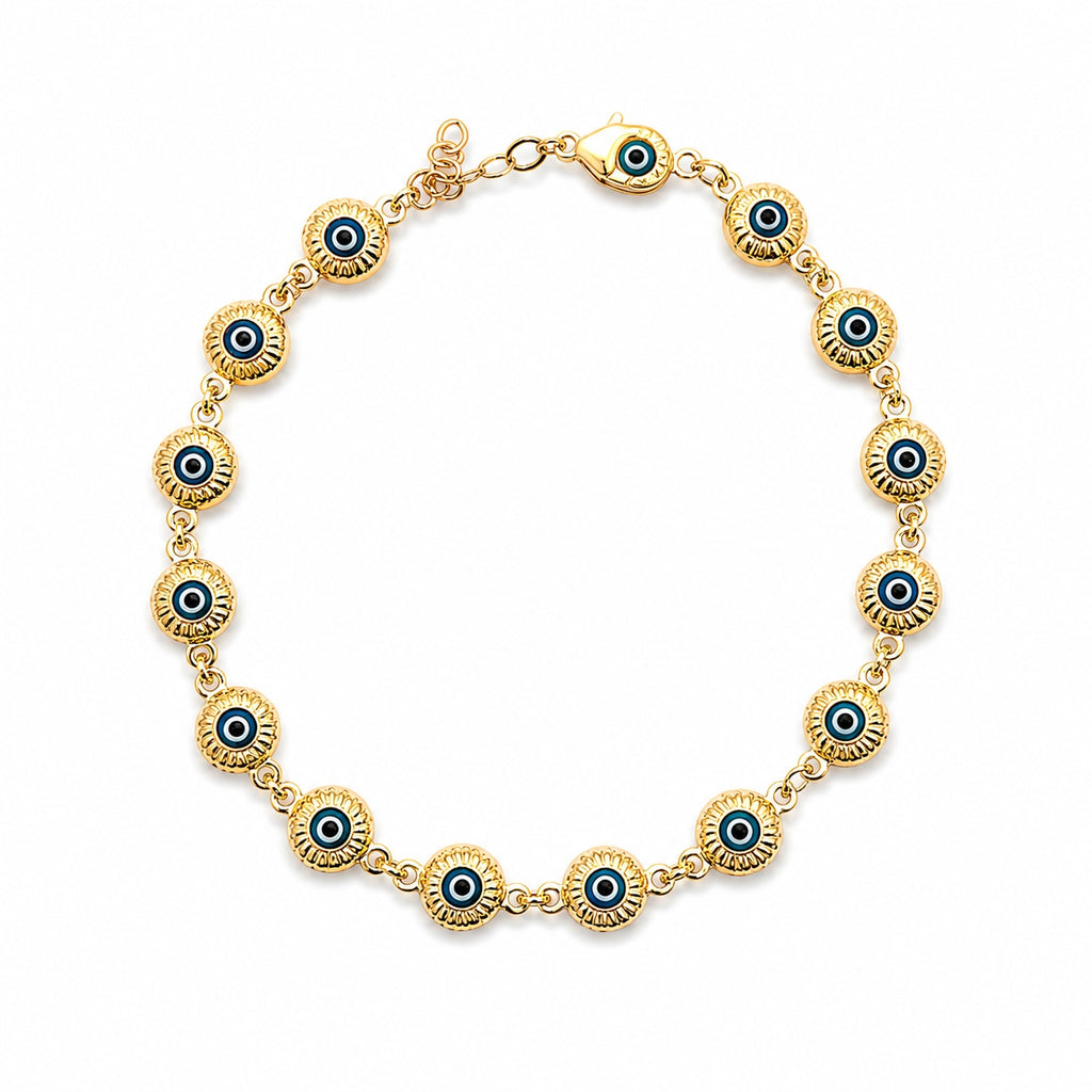 14K yellow gold evil eye bracelet with blue enamel details, protection bracelet for women