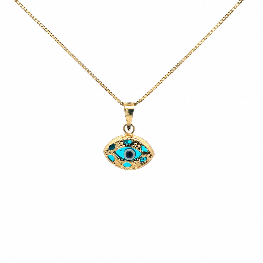 14K gold evil eye necklace with blue eye pendant on a 16 inch box chain by LA Noosha Jewelry Los Angeles.
