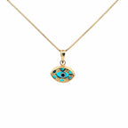 14K gold evil eye necklace with blue eye pendant on a 16 inch box chain by LA Noosha Jewelry Los Angeles.