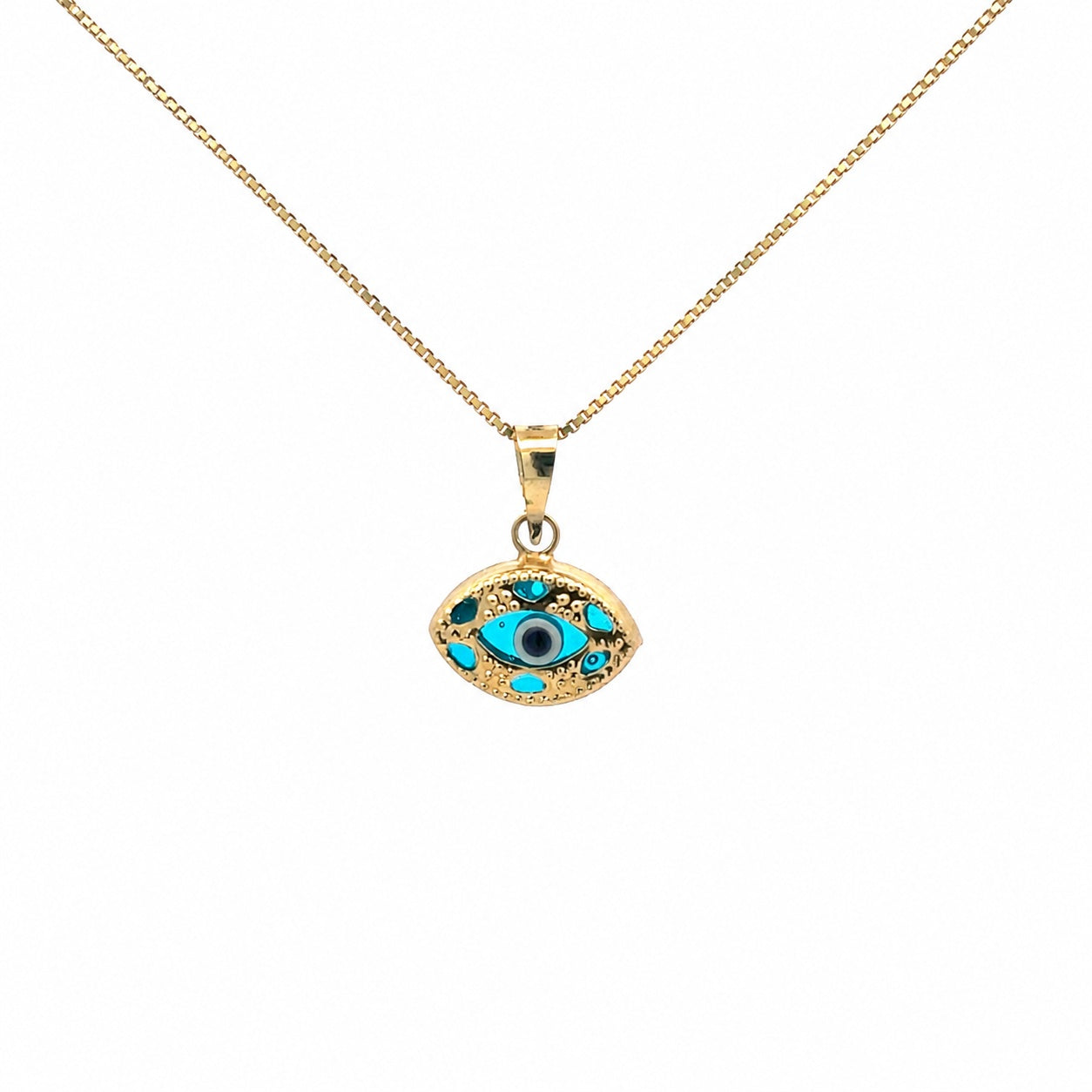 14K gold evil eye necklace with blue eye pendant on a 16 inch box chain by LA Noosha Jewelry Los Angeles.
