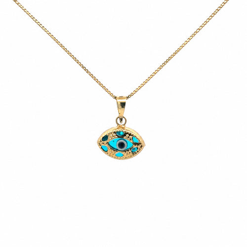 14K gold evil eye necklace with blue eye pendant on a 16 inch box chain by LA Noosha Jewelry Los Angeles.