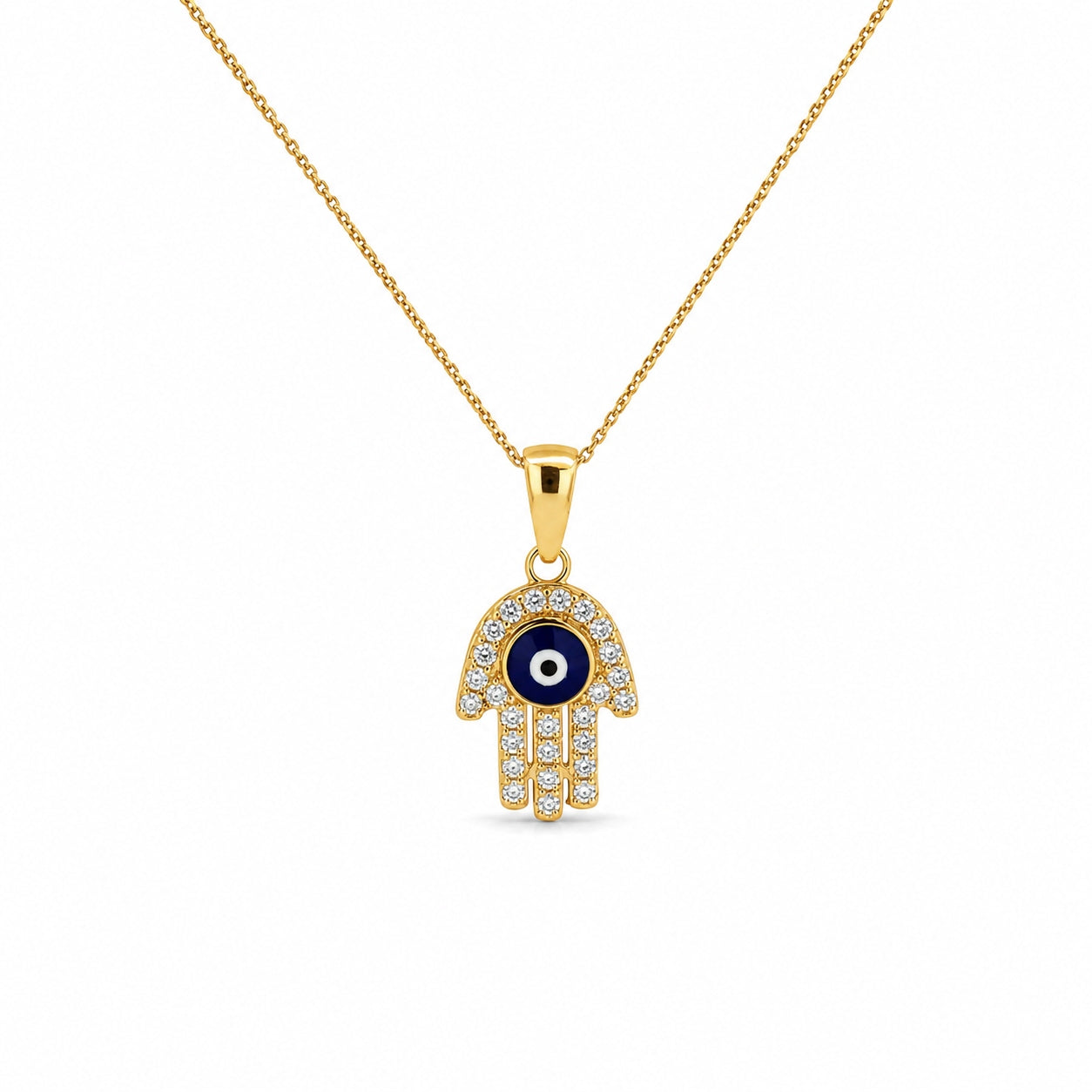 14K yellow gold Hamsa evil eye necklace featuring blue enamel and sparkling CZ stones on a delicate gold chain