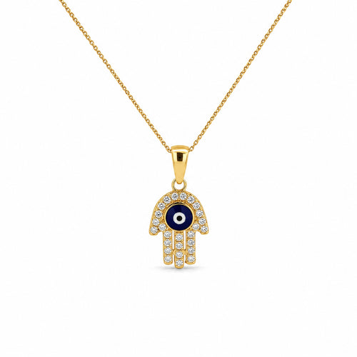 14K yellow gold Hamsa evil eye necklace featuring blue enamel and sparkling CZ stones on a delicate gold chain