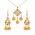 14K Yellow Gold Coin Drop Jewelry Set | Statement Necklace & Matching Earrings Set