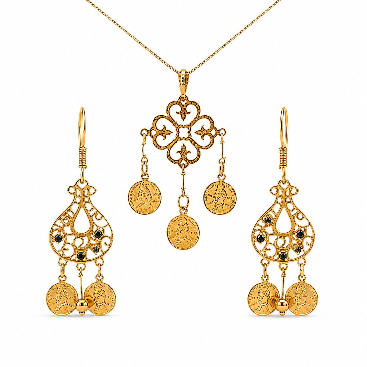 14K Yellow Gold Coin Drop Jewelry Set | Statement Necklace & Matching Earrings Set