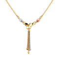 14K tri-color gold tassel necklace with yellow gold, white gold and rose gold accents