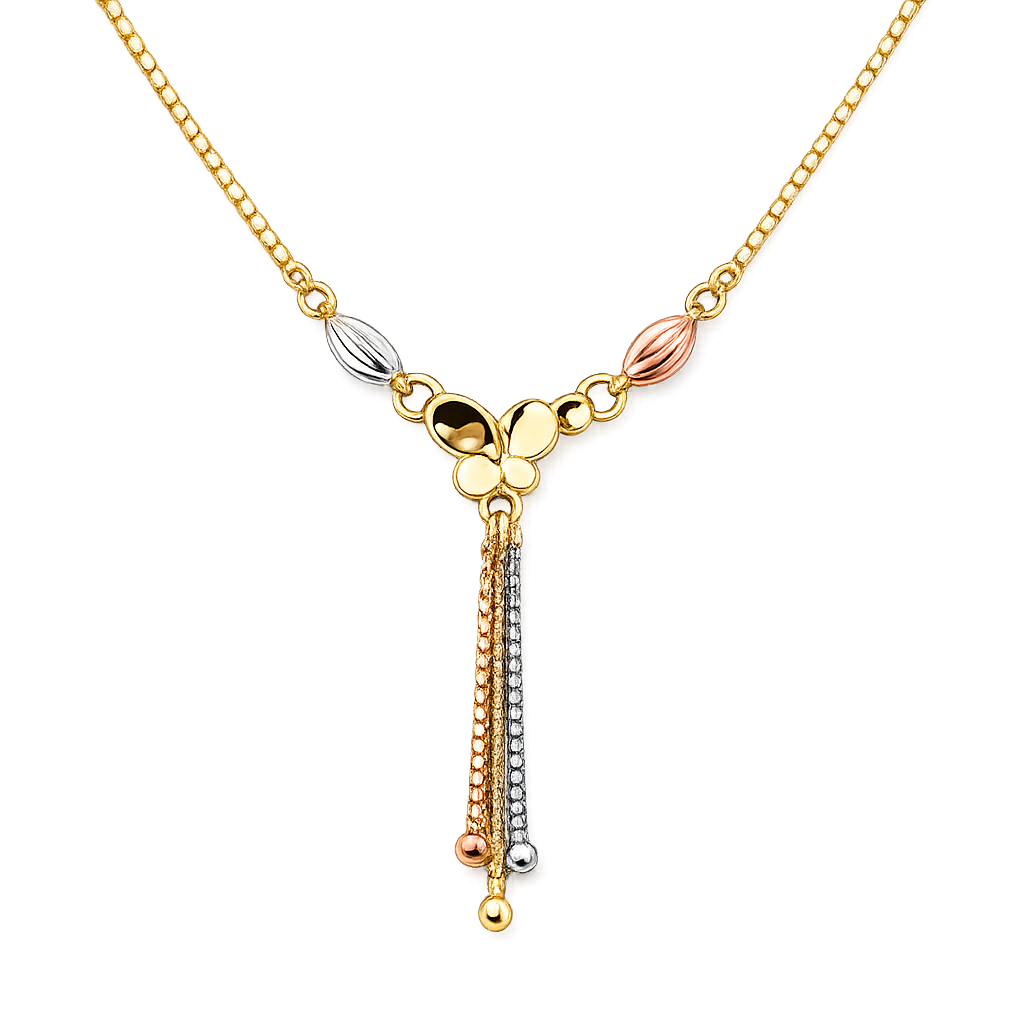 14K tri-color gold tassel necklace with yellow gold, white gold and rose gold accents