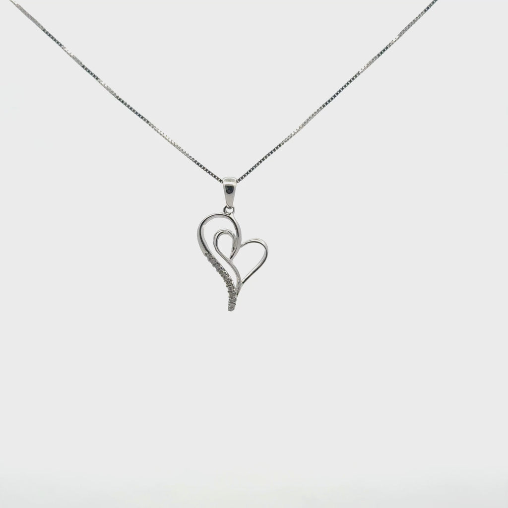 10K White Gold 0.59 CT Natural Diamond Double Heart Pendant Necklace