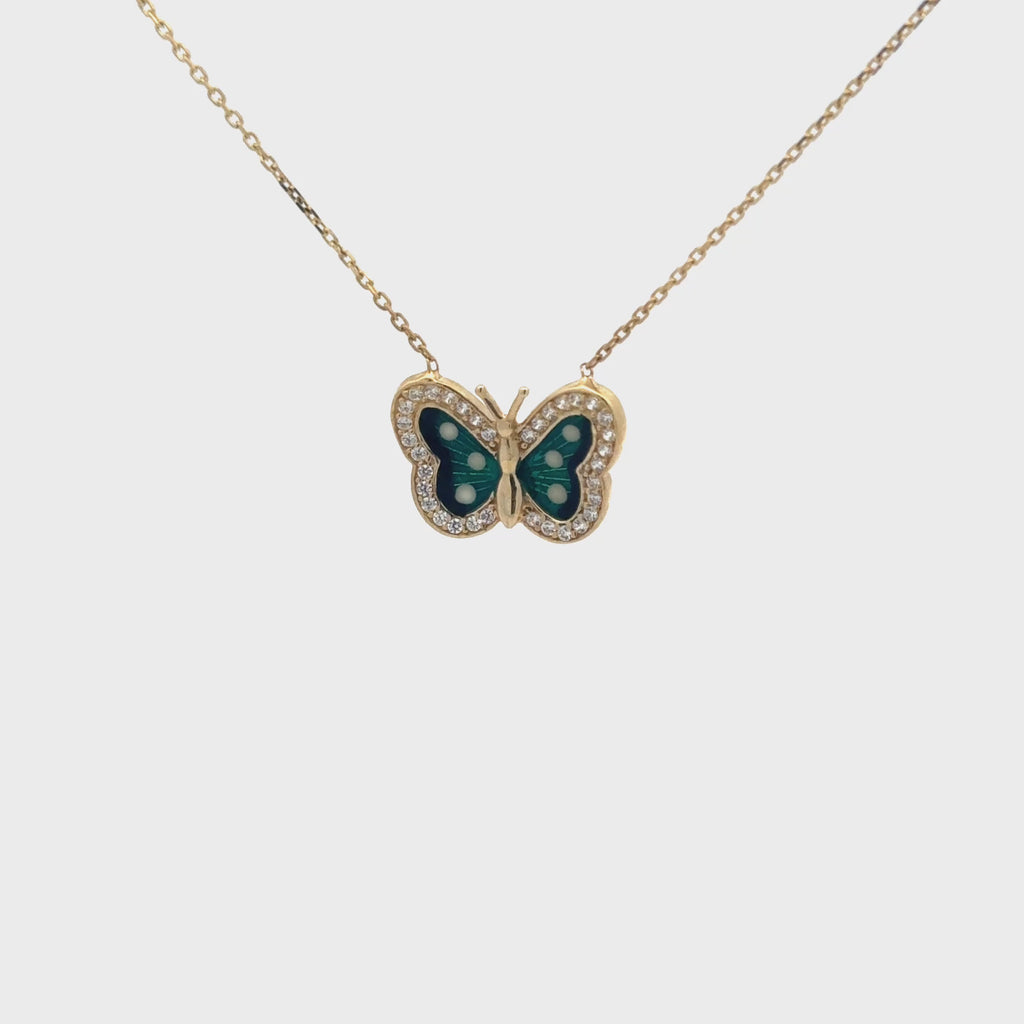 14K Gold Green Enamel Butterfly Necklace