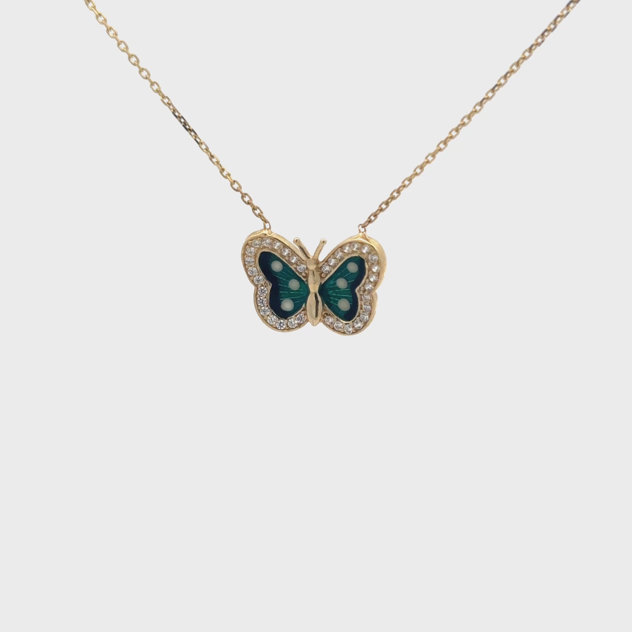 14K Gold Green Enamel Butterfly Necklace