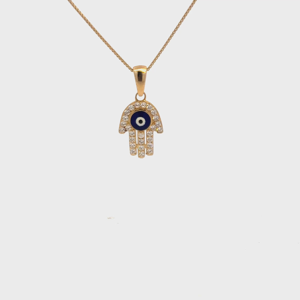 14K Gold Hamsa Evil Eye Necklace with CZ Stones | Blue Enamel Protection Pendant