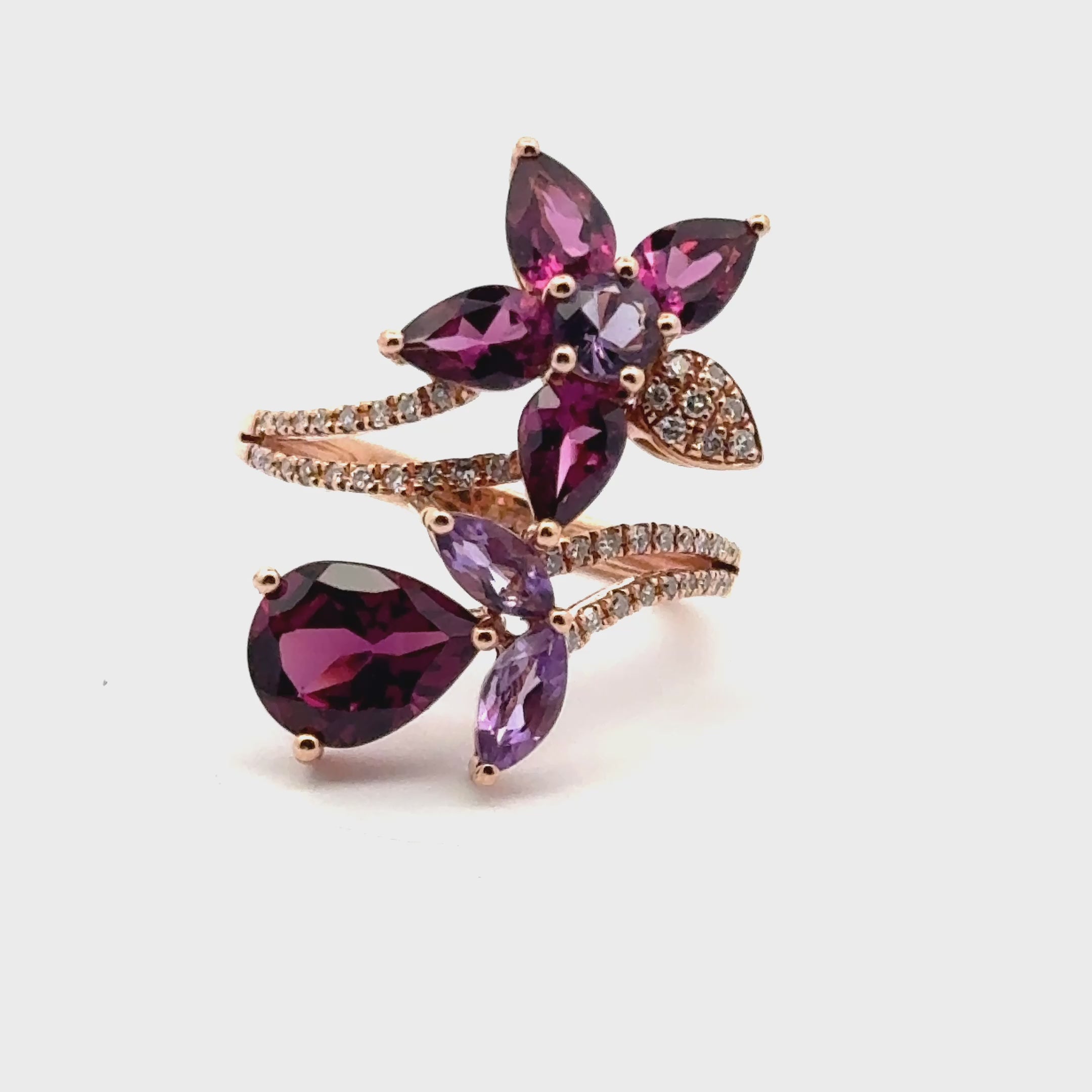 18K Rose Gold Ruby, Amethyst & Diamond Floral Ring