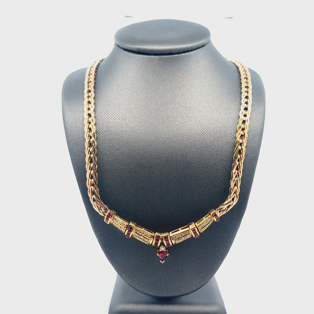 14K Yellow Gold Ruby & Diamond Statement Necklace | Vintage Luxury Chain Necklace