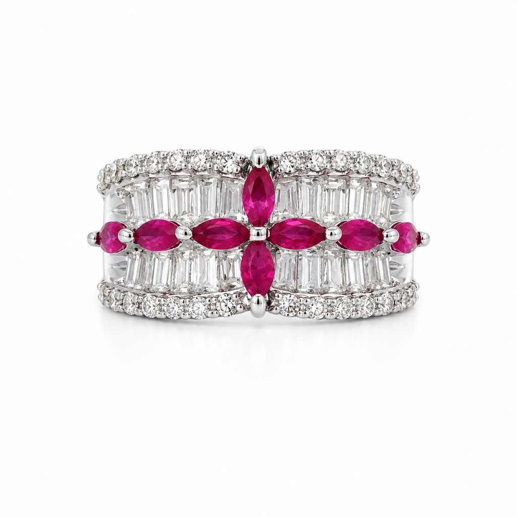 14K white gold ruby and diamond ring featuring marquise rubies and tapered diamonds

