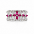 14K white gold ruby and diamond ring featuring marquise rubies and tapered diamonds

