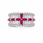 14K white gold ruby and diamond ring featuring marquise rubies and tapered diamonds
