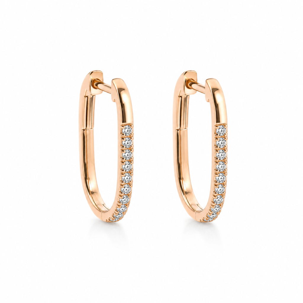 18K yellow gold pavé diamond hoop earrings with modern rectangular silhouette and brilliant diamonds