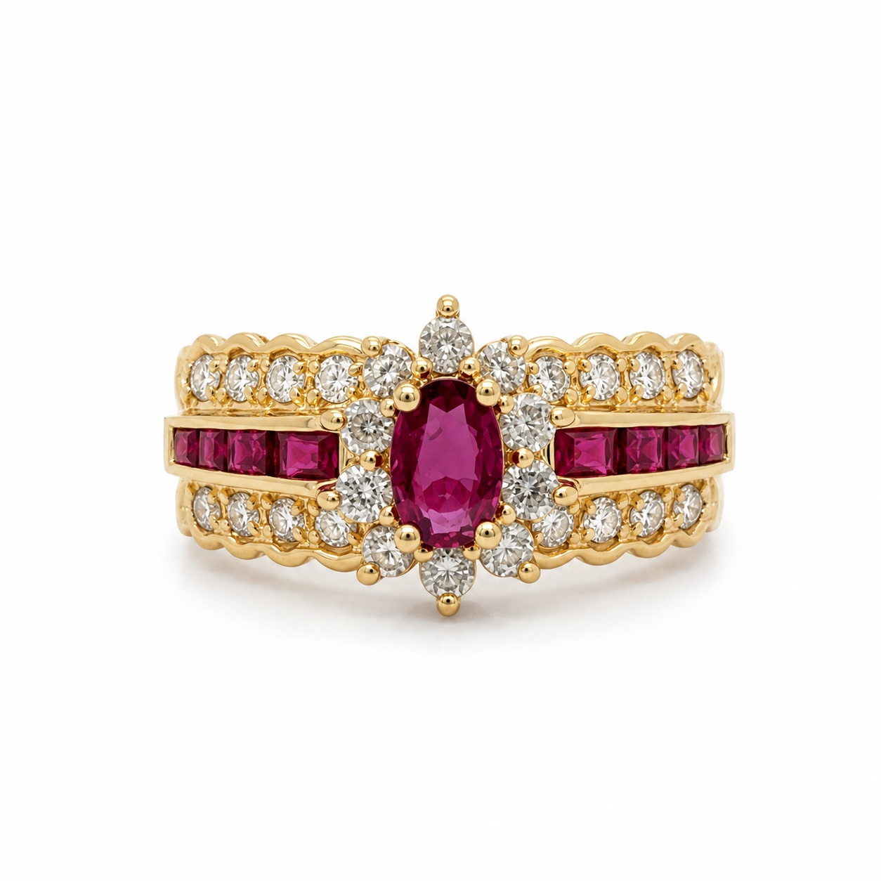 14K yellow gold ruby and diamond ring with oval center ruby and diamond accents