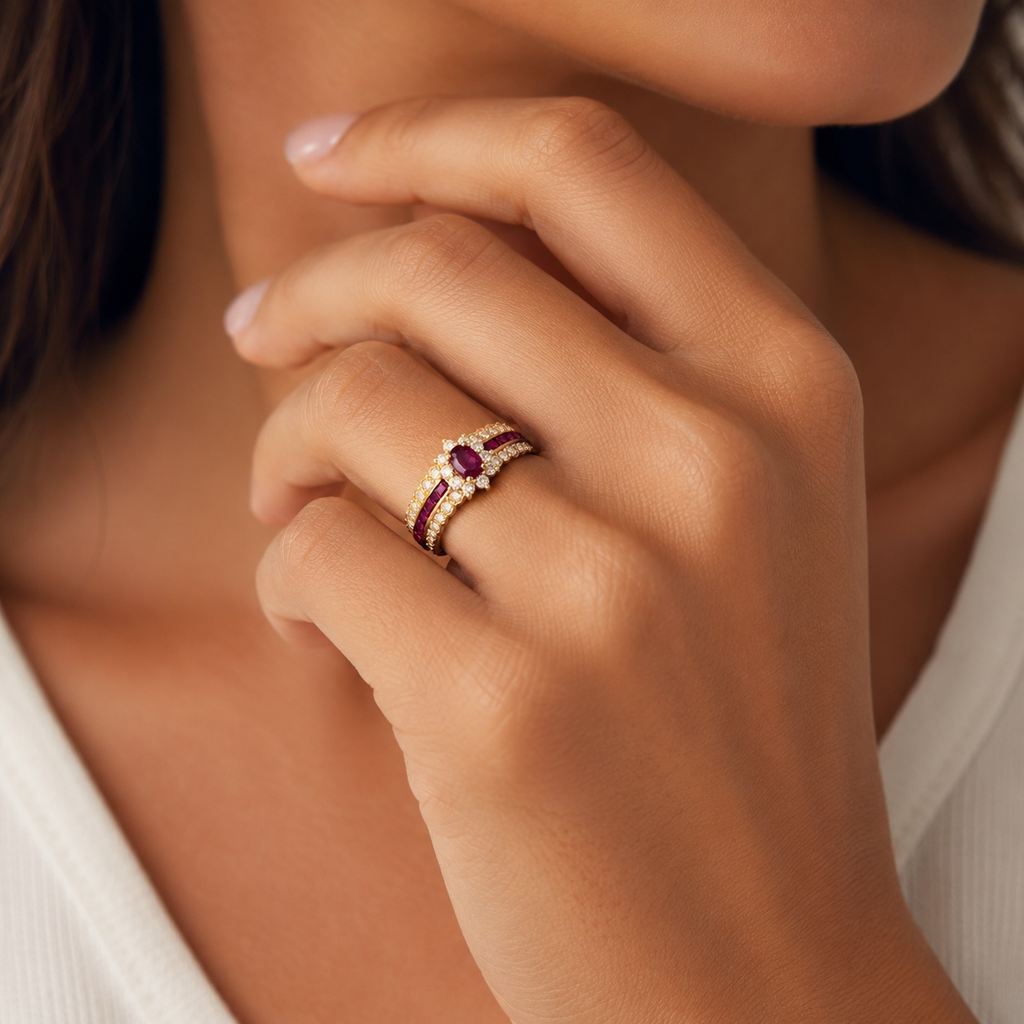 Woman wearing 14K yellow gold ruby and diamond statement ring