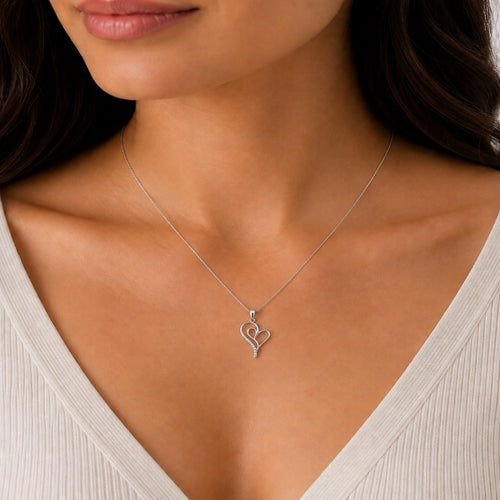 10K White Gold 0.59 CT Natural Diamond Double Heart Pendant Necklace