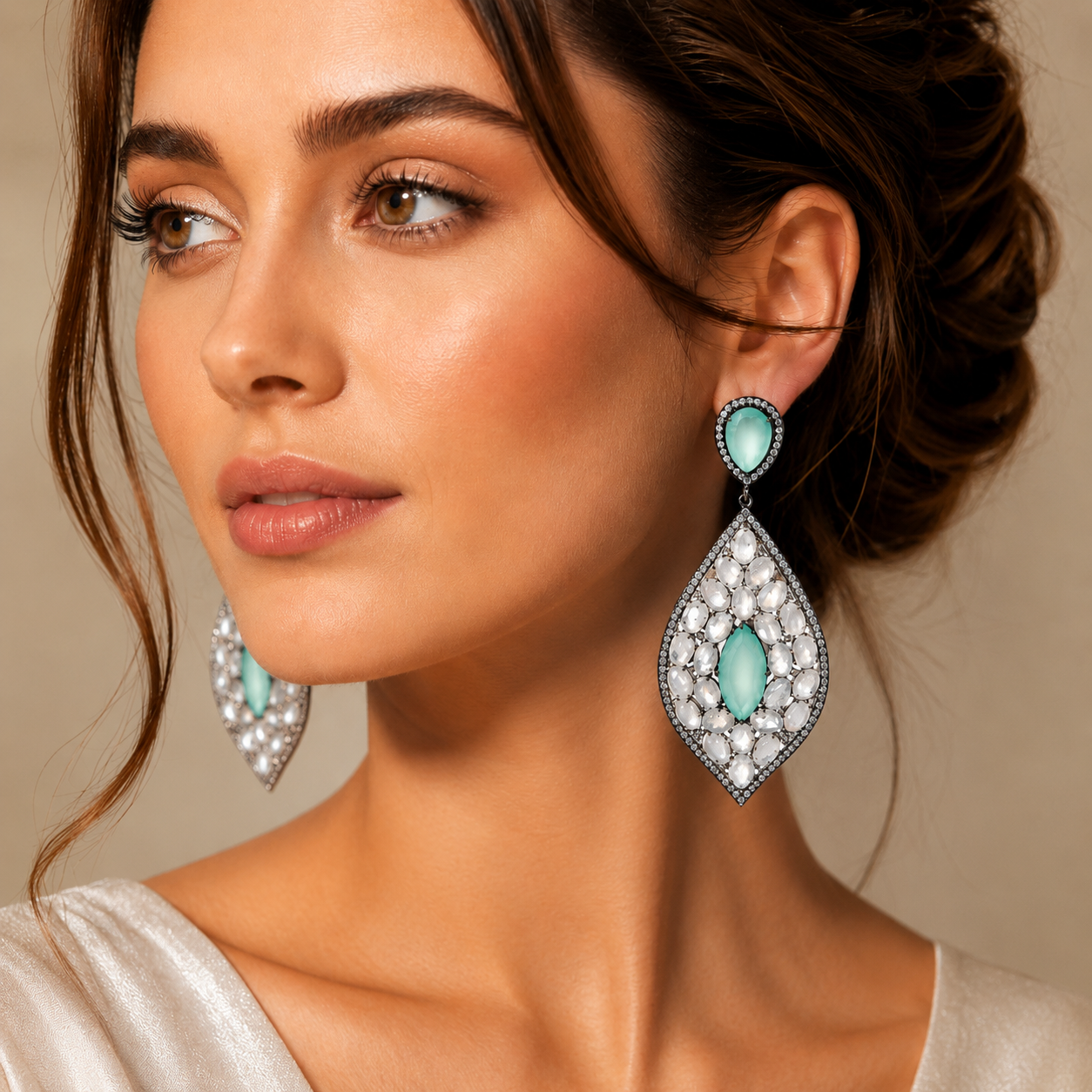 Luxury designer statement drop earrings with Aqua Chalcedony, Moonstone and cubic zirconia in sterling silver, modeled by woman | LA Noosha Jewelry Los Angeles.