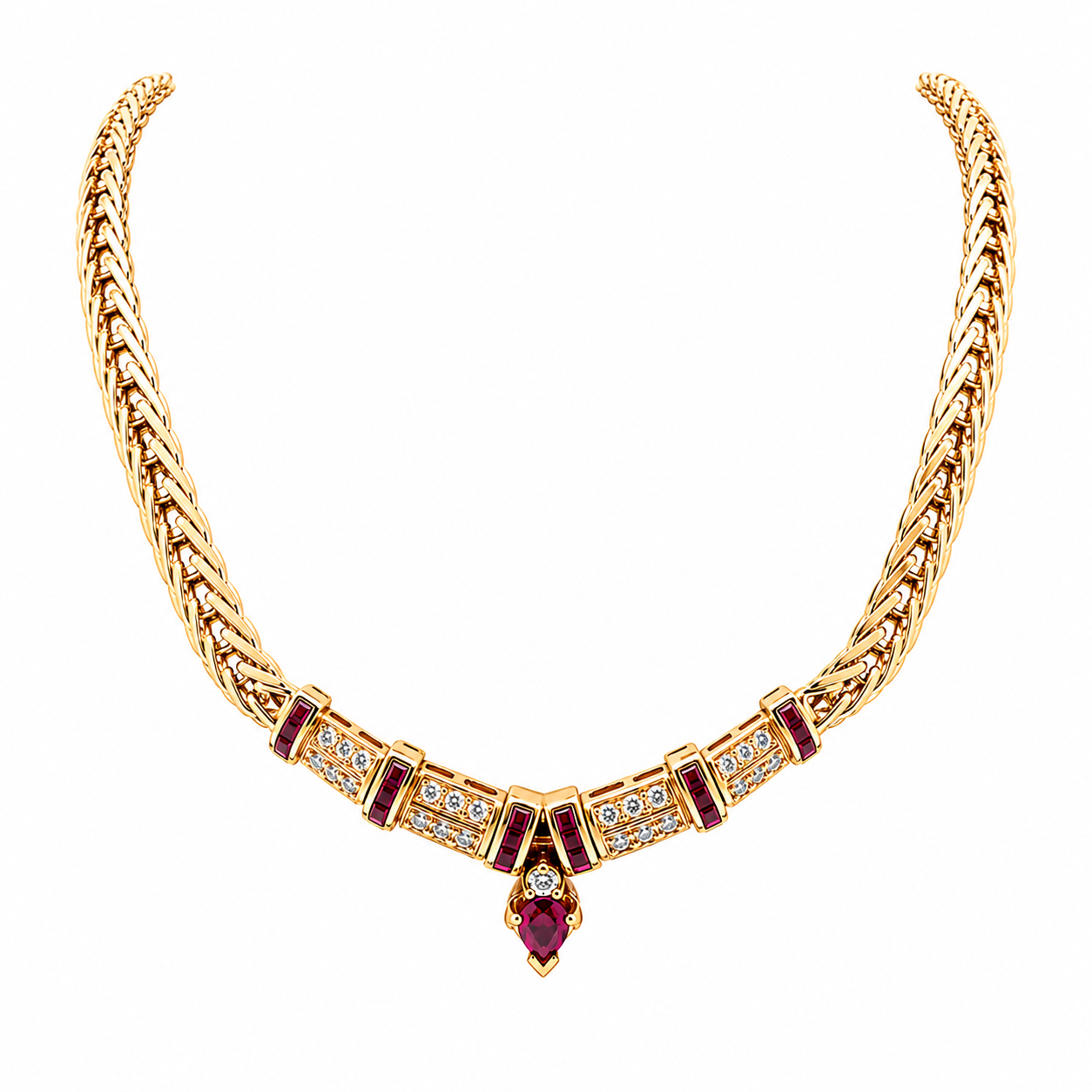 14K gold ruby and diamond necklace featuring natural ruby gemstones and sparkling diamond accents in an elegant statement design