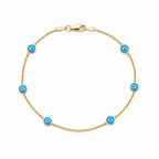 14K gold blue evil eye bracelet with blue enamel charms on a delicate station chain